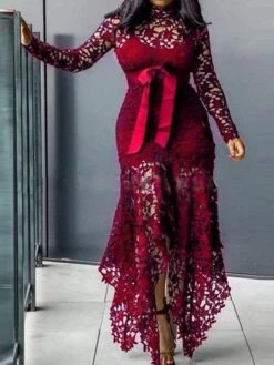 Women‘s Plus Size Curve Party Dress Solid Color Turtleneck Lace Long Sleeve Fall Spring Elegant Prom Dress Maxi Long Dress Formal Party Dress -Cheap Plus Fit Dress Store lgylvx1654584102915