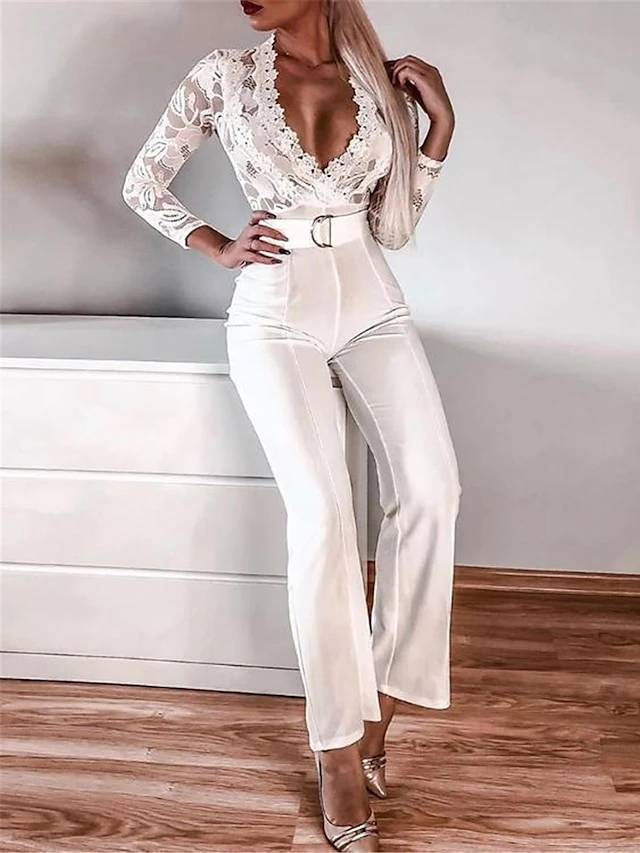 Women's Jumpsuit Lace High Waist Solid Color V Neck Business Wedding Party Regular Fit Long Sleeve White S M L Summer 5 Women's Jumpsuit Lace High Waist Solid Color V Neck Business Wedding Party Regular Fit Long Sleeve White S M L Summer - Image 5