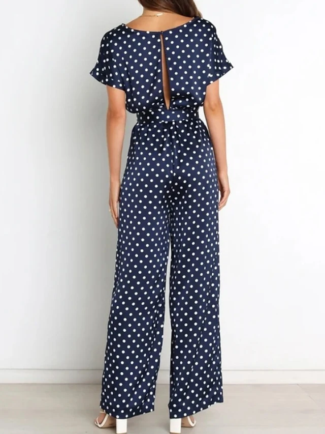One Piece Jumpsuits For Women Zipper Polka Dot Crew Neck Elegant Party Vacation Regular Fit Short Sleeve Blue S M L Spring 3 One Piece Jumpsuits For Women Zipper Polka Dot Crew Neck Elegant Party Vacation Regular Fit Short Sleeve Blue S M L Spring - Image 3