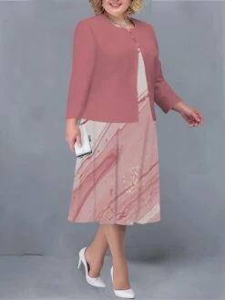 Women's Plus Size Curve Two Piece Dress Set Casual Dress Swing Dress Outdoor Office Fashion Streetwear Print Midi Dress Crew Neck Long Sleeve Ombre Marble Print Pink Dark Pink Royal Blue Fall -Cheap Plus Fit Dress Store lidbou1692942155508