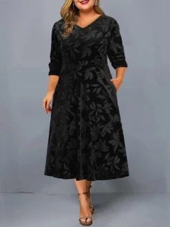 Women's Plus Size Party Dress Velvet Dress Cocktail Dress Midi Dress Black Wine Purple Long Sleeve Leaf Pocket Spring Fall Winter V Neck Fashion Winter Dress Wedding Guest Birthday Loose Fit 2023 XL -Cheap Plus Fit Dress Store liguhf1694659896066