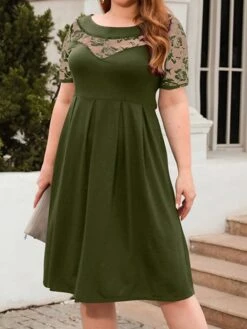 Women's Plus Size Curve Party Dress Lace Dress Semi Formal Dress Solid Color Midi Dress Short Sleeve Lace Crew Neck Fashion Party ArmyGreen Black Fall Winter XL XXL 3XL 4XL -Cheap Plus Fit Dress Store liirwt1695813617505
