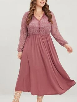 Women‘s Plus Size Curve Party Dress Cocktail Dress Wedding Guest Dress Midi Dress Pink Long Sleeve Color Block Lace Spring Fall Winter V Neck Fashion Birthday Wedding Guest Vacation 2023 XL XXL 3XL -Cheap Plus Fit Dress Store lijuar1692164930965