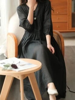 Women's Casual Dress Cotton Linen Dress Swing Dress Midi Dress Cotton Blend Basic Casual Outdoor Daily V Neck Ruched 3/4 Length Sleeve Summer Spring 2023 Loose Fit Black White Yellow Pure Color M L -Cheap Plus Fit Dress Store linifi1677135410401