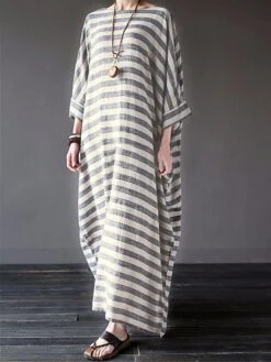 Women's Cotton Linen Dress Casual Dress Maxi Long Dress Linen Cotton Blend Casual Outdoor Daily Crew Neck Print Long Sleeve Summer Spring Fall 2023 Loose Fit Black Gray Striped S M L XL 2XL -Cheap Plus Fit Dress Store ljebgk1672828235836