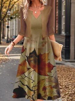 Women's Two Piece Dress Set Casual Dress Swing Dress Outdoor Daily Fashion Elegant Print Midi Dress V Neck Half Sleeve Leaf Regular Fit Blue Brown Gray Fall Winter S M L XL XXL -Cheap Plus Fit Dress Store ljfddl1697785036132