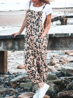 Women's Overall Patch Pocket Print Leopard Square Neck Holiday Street Daily Regular Fit Sleeveless Yellow Pink Fuchsia S M L Summer