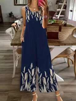 Women's Jumpsuit Pocket Print Floral Crew Neck Casual Daily Going Out Straight Regular Fit Sleeveless Black White Royal Blue S M L Summer
