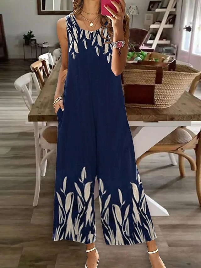 Women's Jumpsuit Pocket Print Floral Crew Neck Casual Daily Going Out Straight Regular Fit Sleeveless Black White Royal Blue S M L Summer 1 Women's Jumpsuit Pocket Print Floral Crew Neck Casual Daily Going Out Straight Regular Fit Sleeveless Black White Royal Blue S M L Summer
