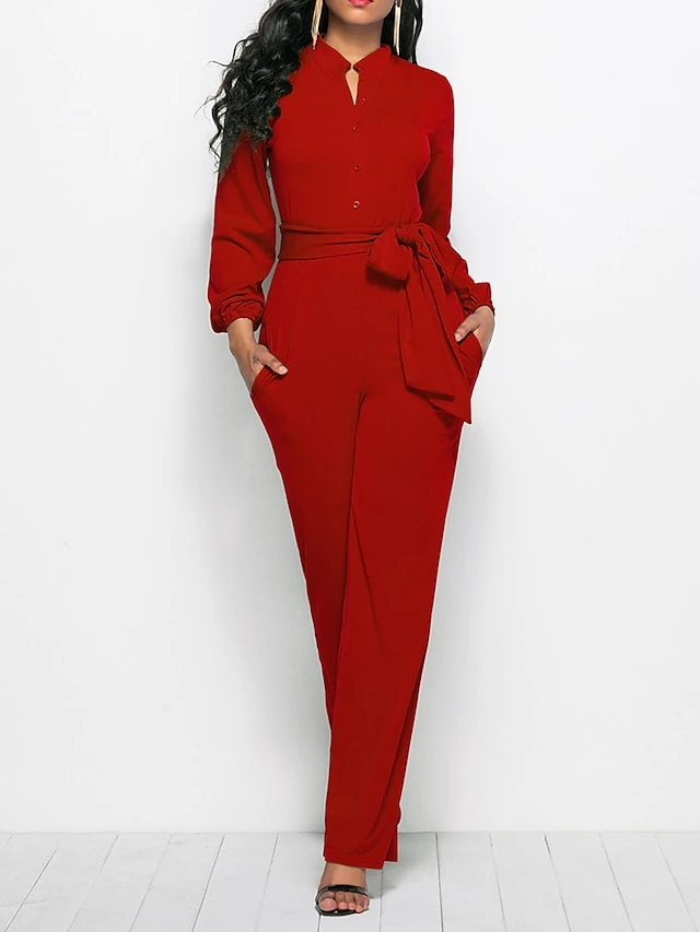 Women's Jumpsuit Lace Up Pocket Solid Color Stand Collar Streetwear Xmas Street Christmas Daily Regular Fit Long Sleeve Black Wine Red S M L Fall 2 Women's Jumpsuit Lace Up Pocket Solid Color Stand Collar Streetwear Xmas Street Christmas Daily Regular Fit Long Sleeve Black Wine Red S M L Fall - Image 2