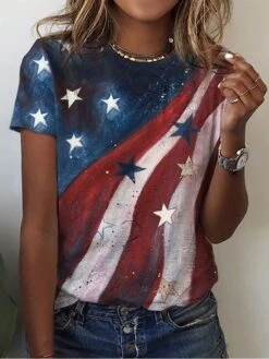 Women's T Shirt Tee Blue American Flag Print Short Sleeve Weekend Independence Day Basic Round Neck Regular Fit Painting