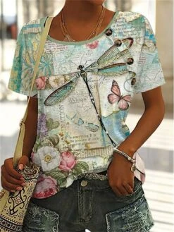 Women's T Shirt Tee Blue Green Gray Floral Butterfly Print Short Sleeve Holiday Weekend Basic Round Neck Regular Fit Floral Butterfly Painting