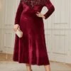 Women's Plus Size Curve Velvet Dress Casual Dress Winter Dress Plain Long Dress Maxi Dress Long Sleeve Tassel Fringe V Neck Fashion Outdoor Burgundy Fall Winter L XL XXL 3XL 4XL