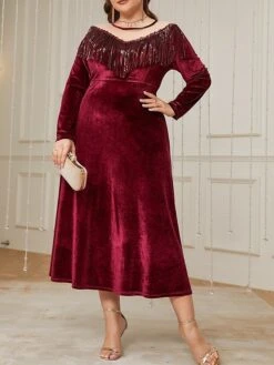 Women's Plus Size Curve Velvet Dress Casual Dress Winter Dress Plain Long Dress Maxi Dress Long Sleeve Tassel Fringe V Neck Fashion Outdoor Burgundy Fall Winter L XL XXL 3XL 4XL