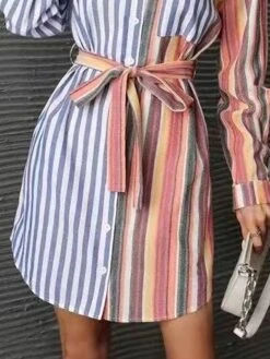 Women's Shirt Dress Casual Dress Mini Dress Outdoor Daily Polyester Fashion Modern Shirt Collar Lace Up Button Long Sleeve Summer Spring Fall 2023 Loose Fit Blue Striped S M L XL 2XL -Cheap Plus Fit Dress Store llehoz1689744489829