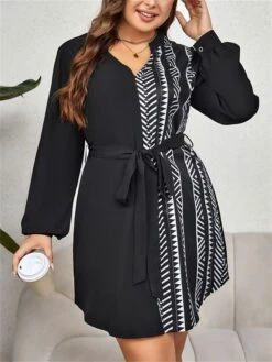 Women's Plus Size Curve Casual Dress Sheath Dress Black Dress Geometric Midi Dress Long Sleeve Drawstring Print V Neck Fashion Outdoor Black Fall Winter XL XXL 3XL 4XL -Cheap Plus Fit Dress Store llhgac1695102785288