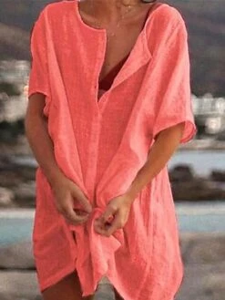 Women's Casual Dress Shirt Dress Cotton Linen Dress Mini Dress Blue Purple Pink Short Sleeve Pure Color Spring Summer V Neck Beach Basic Daily Weekend Loose Fit Linen S M L XL XXL 3XL -Cheap Plus Fit Dress Store lltvtr1639988502319