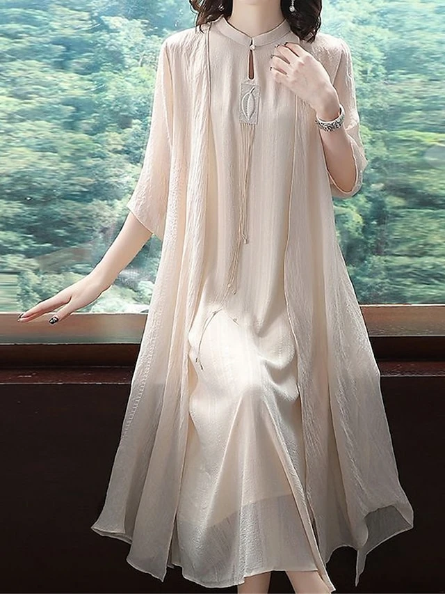 Women's Two Piece Dress Set Casual Dress Chiffon Dress Daily Holiday Fashion Streetwear Layered Midi Dress Stand Collar 3/4 Length Sleeve Plain Regular Fit White Beige Fall Winter M L XL XXL 3XL 1 Women's Two Piece Dress Set Casual Dress Chiffon Dress Daily Holiday Fashion Streetwear Layered Midi Dress Stand Collar 3/4 Length Sleeve Plain Regular Fit White Beige Fall Winter M L XL XXL 3XL
