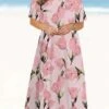 Women‘s Plus Size Curve Casual Dress Floral Long Dress Maxi Dress Short Sleeve Print Crew Neck Fashion Outdoor Pink Purple Summer Spring L XL XXL 3XL 4XL