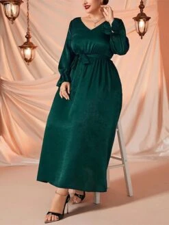 Women's Plus Size Curve Prom Dress Party Dress Wedding Guest Dress Long Dress Maxi Dress Green Long Sleeve Pure Color Lace Up Fall Winter Autumn V Neck Fashion Evening Party Wedding Guest -Cheap Plus Fit Dress Store lmqyyg1693210707205