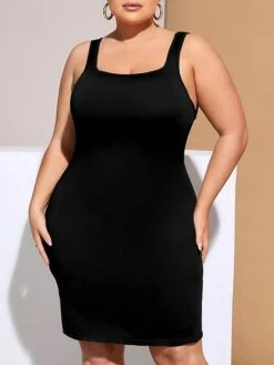 Women's Plus Size Curve Party Dress Wedding Guest Dress Sheath Dress Mini Dress Black Sleeveless Pure Color Backless Fall Winter Autumn Square Neck Fashion Wedding Guest Vacation XL XXL 3XL