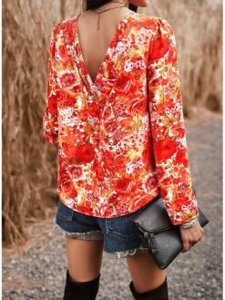 Women's Shirt Blouse Black Red Blue Graphic Floral Print Long Sleeve Casual Holiday Fashion Round Neck Regular Fit Floral Spring &Fall -Cheap Plus Fit Dress Store lmvnfj1694084755991