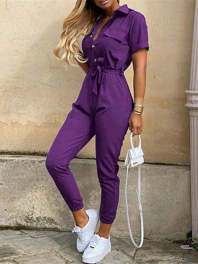 Women's Jumpsuits Casual Summer Button Solid Color Shirt Collar Streetwear Daily Vacation Regular Fit Short Sleeve Pink Wine Navy Blue S M L 7 Women's Jumpsuits Casual Summer Button Solid Color Shirt Collar Streetwear Daily Vacation Regular Fit Short Sleeve Pink Wine Navy Blue S M L - Image 7