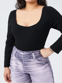 Women's Plus Size Romper Curve Solid Color Square Neck Bodycon Office Work Regular Fit Long Sleeve Black White XL XXL 3XL Fall