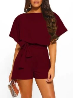 Black Jumpsuit For Women Romper Lace Up Print Solid Color Crew Neck Casual Daily Vacation Regular Fit Short Sleeve Black Wine Blue S M L Spring -Cheap Plus Fit Dress Store lnlctm1675736274953