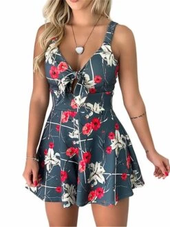 Women's Romper Lace Up Cut Out Floral V Neck Streetwear Street Daily Regular Fit Strap Pink Navy Blue Blue S M L Summer -Cheap Plus Fit Dress Store loeowx1680073076798