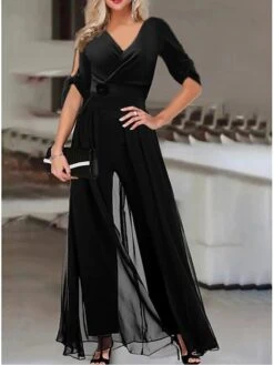 Women's Jumpsuit Solid Color V Neck Formal Wedding Business Straight Regular Fit Half Sleeve Black S M L Fall