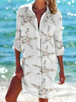 Women's Shirt Dress Casual Dress Shift Dress Mini Dress Outdoor Daily Date Polyester Fashion Classic Shirt Collar Pocket Print Half Sleeve Summer Spring 2023 Loose Fit White Red Navy Blue Fish S M L -Cheap Plus Fit Dress Store lpcwau1677739843815