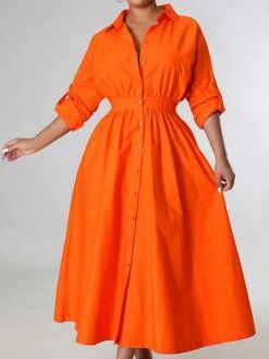 Women's Casual Dress Swing Dress Long Dress Maxi Dress Blue Yellow Orange Long Sleeve Pure Color Pocket Winter Fall Autumn Shirt Collar Winter Dress Weekend Fall Dress Loose Fit 2023 S M L XL XXL