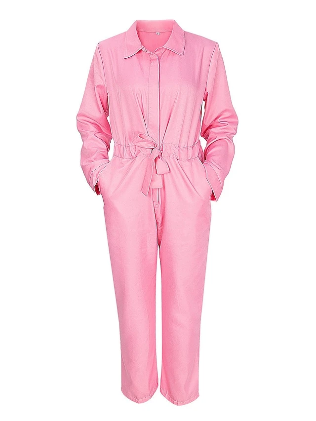 Women‘s Jumpsuit Halloween Pocket Drawstring Pink Fall Winter Solid Color Shirt Collar Streetwear Street Daily Regular Fit Long Sleeve S M L Fall 6 Women‘s Jumpsuit Halloween Pocket Drawstring Pink Fall Winter Solid Color Shirt Collar Streetwear Street Daily Regular Fit Long Sleeve S M L Fall - Image 6