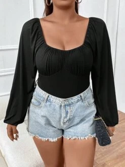 Women's Plus Size Romper Curve Solid Color Square Neck Bodycon Daily Vacation Regular Fit Long Sleeve Black XL XXL 3XL Fall -Cheap Plus Fit Dress Store lqhezc1694510070496