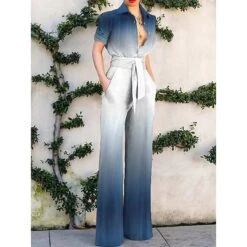 Women's Jumpsuit Lace Up Color Block Shirt Collar Elegant Daily Vacation Straight Regular Fit Blue S M L Spring