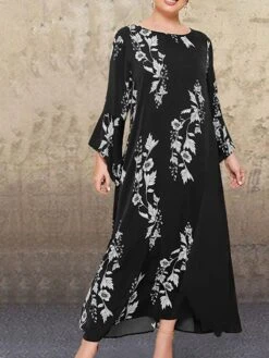 Women‘s Plus Size Curve Apple Shaped DressFloral Crew Neck Print Long Sleeve Fall Winter Casual Maxi Long Dress Daily Vacation Dress