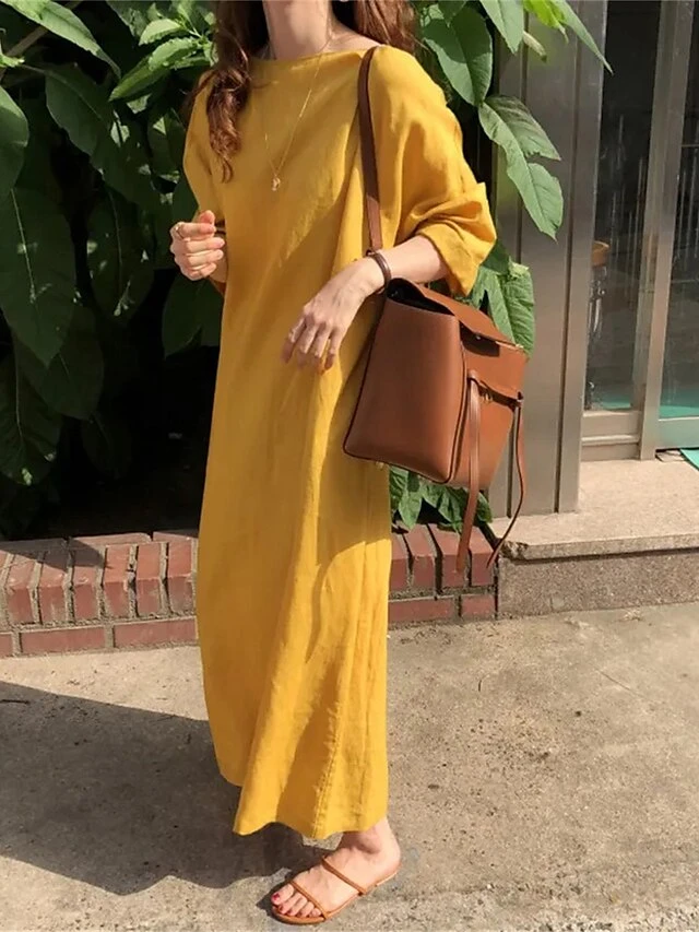 Women's Casual Dress Cotton Linen Dress Shift Dress Midi Dress Linen / Cotton Blend Fashion Classic Outdoor Daily Vacation Crew Neck Pocket Long Sleeve Fall Winter Autumn 2023 Loose Fit Black Yellow 2 Women's Casual Dress Cotton Linen Dress Shift Dress Midi Dress Linen / Cotton Blend Fashion Classic Outdoor Daily Vacation Crew Neck Pocket Long Sleeve Fall Winter Autumn 2023 Loose Fit Black Yellow - Image 2