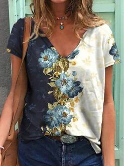 Women's T Shirt Tee Burgundy Tee Black White Yellow Floral Bird Print Short Sleeve Casual Holiday Weekend Basic V Neck Regular Fit Floral Painting