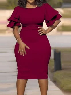 Women‘s Plus Size Curve Flattering Dresses Elegant Wedding Guest Party Dress Solid Color Crew Neck Ruffle Short Sleeve Spring Fall Work Prom Dress Short Mini Dress Formal Party Dress Work Dress -Cheap Plus Fit Dress Store lrvphg1628138146008