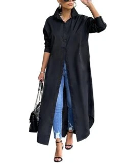 Women's Shirt Dress Casual Dress Midi Dress Outdoor Daily Vacation Polyester Fashion Modern Shirt Collar Split Long Sleeve Fall Winter 2023 Loose Fit Black White Yellow Plain S M L XL XXL -Cheap Plus Fit Dress Store lskepk1692342898975