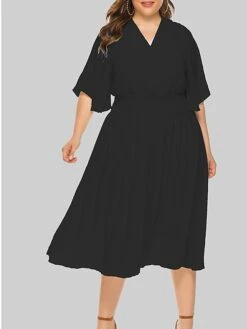 Women‘s Plus Size Curve Party Dress Wedding Guest Dress Swing Dress Midi Dress Black Beige Half Sleeve Pure Color Pleated Summer Spring Fall V Neck Party Birthday Wedding Guest Vacation 2023 -Cheap Plus Fit Dress Store ltbudp1691399371930