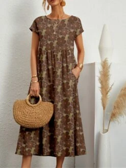 Women's Casual Dress Cotton Linen Dress Swing Dress Midi Dress Linen / Cotton Blend Fashion Casual Outdoor Daily Holiday Crew Neck Pocket Print Short Sleeve Summer Spring 2023 Loose Fit ArmyGreen -Cheap Plus Fit Dress Store ltejxv1689326968989