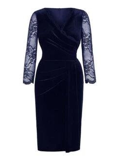 Women's Plus Size Curve Party Dress Velvet Dress Work Dress Plain Midi Dress 3/4 Length Sleeve Lace Ruched V Neck Fashion Party Black Wine Fall Winter XL XXL 3XL 4XL -Cheap Plus Fit Dress Store ltgkop1696567801884