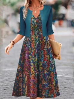 Women's Two Piece Dress Set Casual Dress Swing Dress Outdoor Daily Fashion Elegant Print Midi Dress V Neck Half Sleeve Floral Regular Fit Blue Purple Fuchsia Fall Winter S M L XL XXL
