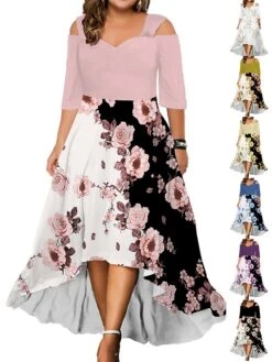 Women‘s Plus Size Curve Casual Dress Graphic Floral Long Dress Maxi Dress Half Sleeve Print V Neck Fashion Daily Black White Summer Spring L XL XXL 3XL 4XL