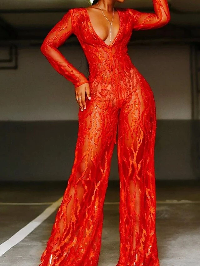 Women‘s Jumpsuit Sparkly Lace Sequin Solid Color Deep V Ordinary Wedding Party Weekend Wide Leg Bodycon Long Sleeve Illusion Sleeve Red 3XL All Seasons 5 Women‘s Jumpsuit Sparkly Lace Sequin Solid Color Deep V Ordinary Wedding Party Weekend Wide Leg Bodycon Long Sleeve Illusion Sleeve Red 3XL All Seasons - Image 5