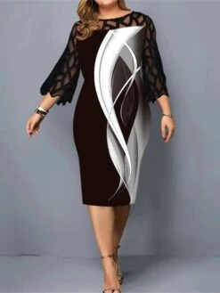 Women‘s Plus Size Curve Work Dress Sheath Dress Semi Formal Dress Fashion Flared Sleeve Midi Dress Lace Patchwork Crew Neck 3/4 Length Sleeve Stripe Loose Fit Black Summer Spring