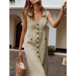Women's Cotton Linen Dress Casual Dress Maxi Long Dress Cotton And Linen Casual Daily Vacation V Neck Button Pocket Sleeveless Summer Spring 2023 Regular Fit Black Red Blue Pure Color S M L XL XXL