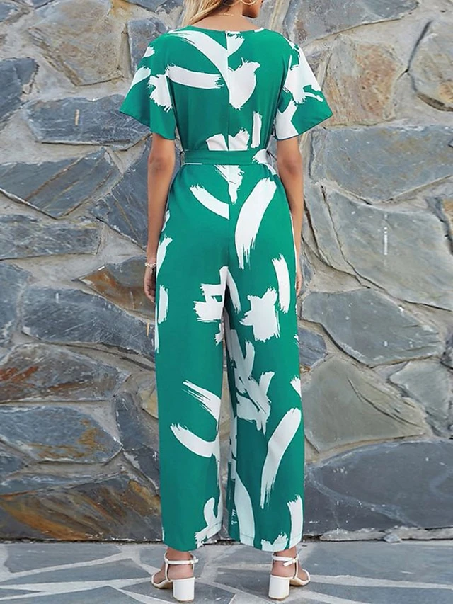 Women's Jumpsuit Lace Up Geometric V Neck Streetwear Daily Vacation Regular Fit Short Sleeve Green S M L Spring 4 Women's Jumpsuit Lace Up Geometric V Neck Streetwear Daily Vacation Regular Fit Short Sleeve Green S M L Spring - Image 4